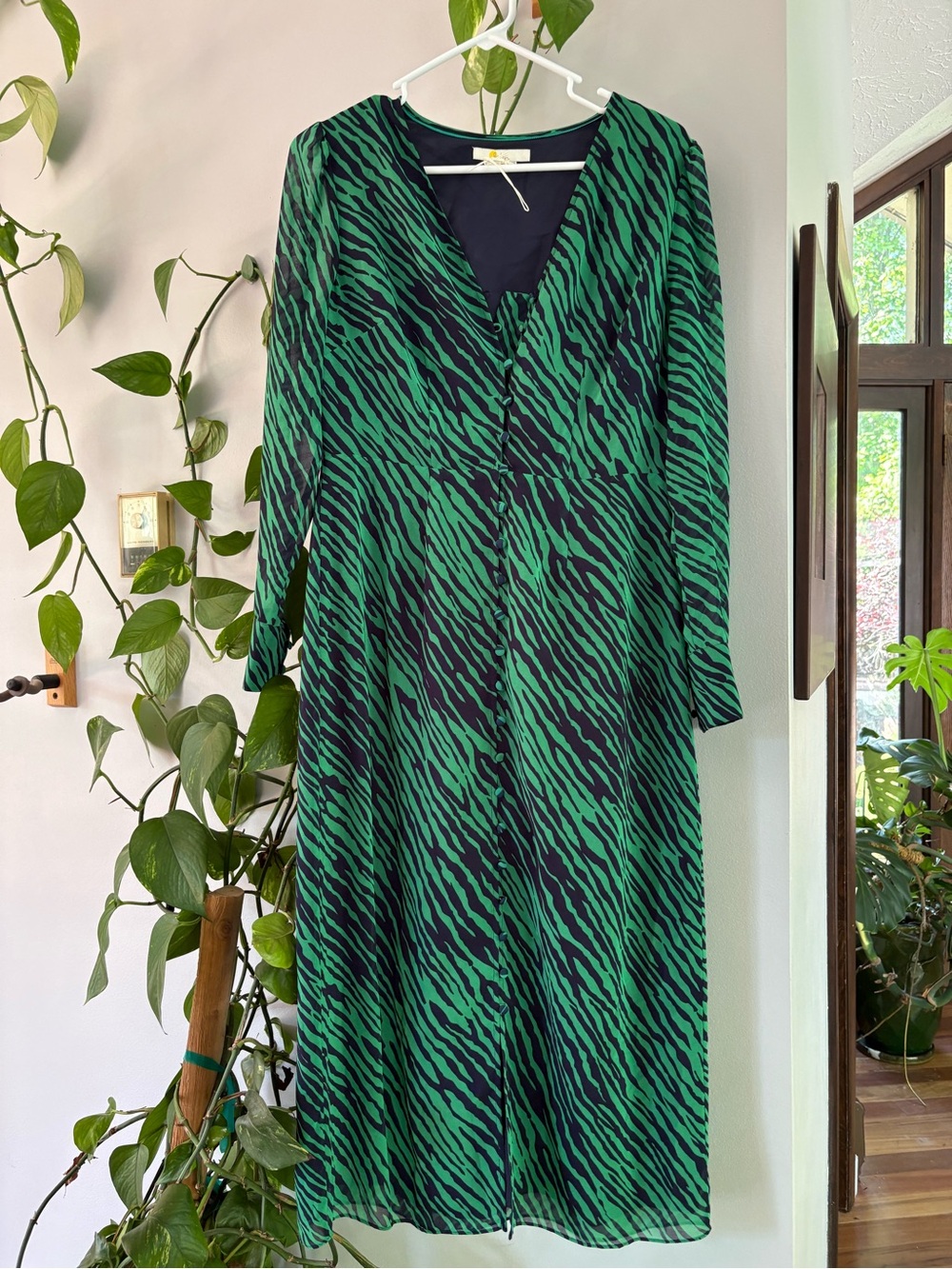 Boden Green and Black Zebra-Print Long Sleeve Midi Dress